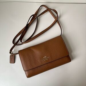 COACH Long Leather Wallet Crossbody - Camel/Gold-tone